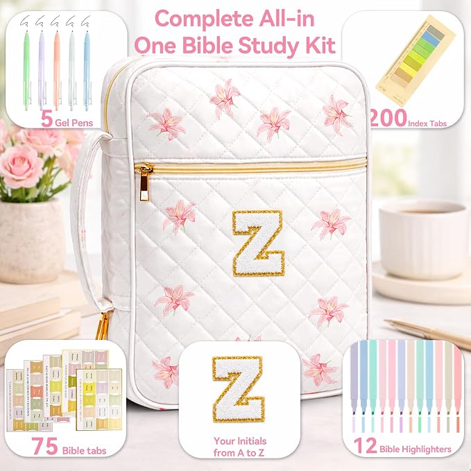 Bible Bag for Women, Bible Cover Case with Study Supplies, Initials Personalized Quilted Bible Bag, Large Chenille Bible Cover – Christian Gift for Girls (Pink Lilies-Z)