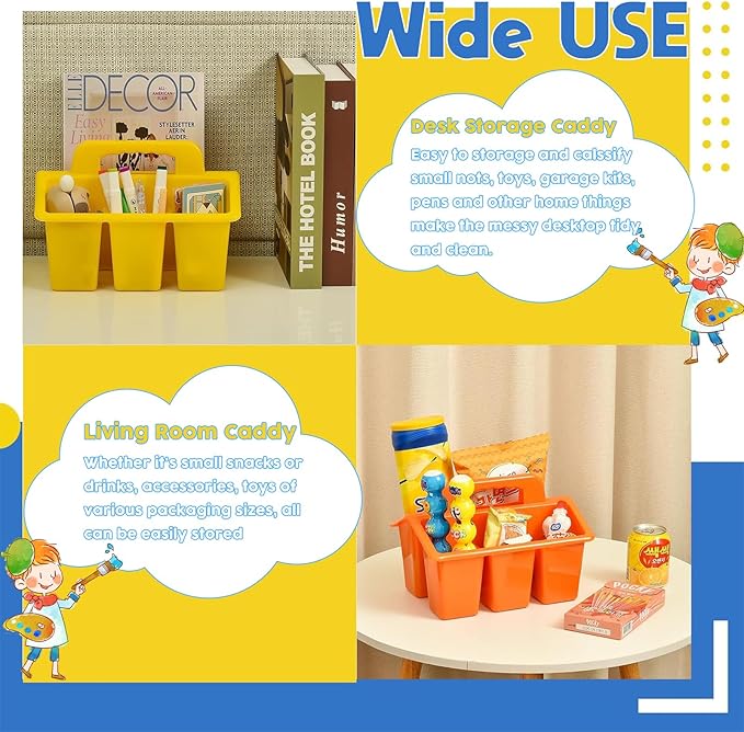 Haundry Classroom Caddy Storage Basket with Handle, 6 Pack Plastic Arts Office Crafts Caddy 4 Compartments for Kids, Pencil, Crayon, Marker, School Supplies, 6 Colors