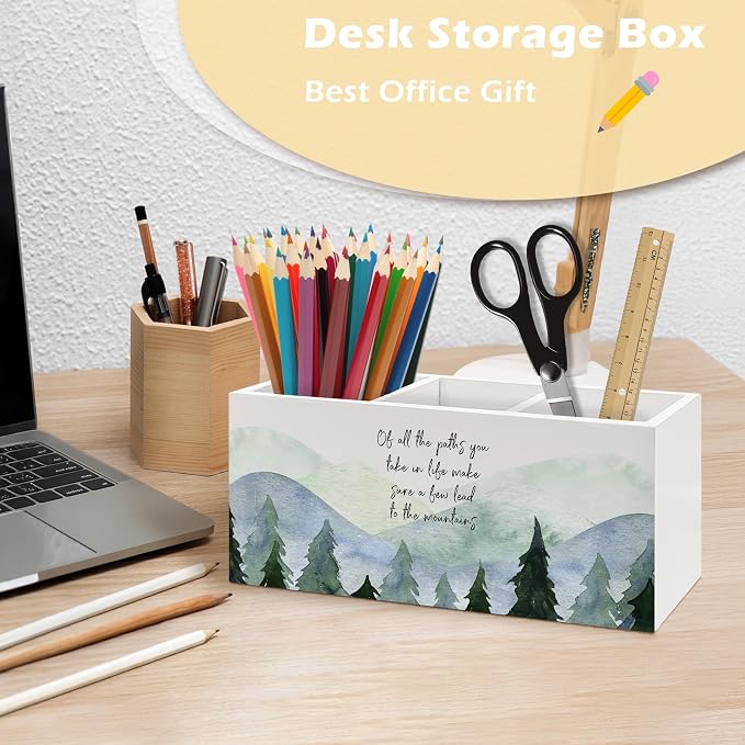 Inspirational Mountain Forest Pen Holder Organizer, Motivational Desk Decor, of All the Paths You Take in Life Wooden Pen Pencil Holders for Home Office Desk Accessories