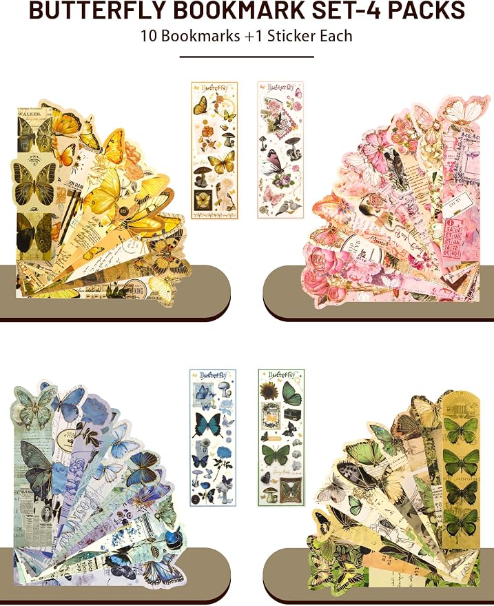 40 Pcs Butterfly Bookmarks, Assorted Set - 4 Pack Aesthetic Bookmarks for Readers, Gift for Nature Lovers, Including UV Stickers