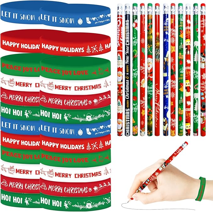 48 Pcs Christmas Pencils Set 24 Pcs Christmas Pencil Xmas Pencil 24 Pc Christmas Silicone Bracelets Silicon Wristbands Christmas Stocking Stuffers (Classic)