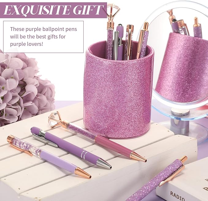 Sabary 8 Pcs Violet Pens with Pen Holder for Desk Glitter Crystal Diamond Cute Ballpoint Fancy Pencil Holder Bling Desk Organizer for Women Girls School Office Supplies Wedding Graduation Gifts
