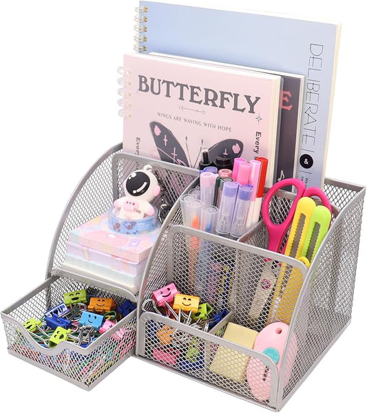 Boutilon Mesh Desk Organizer Desktop Office Supplies Stationary Organizer with 6 Compartments and 1 Drawer Multi-Functional Caddy Pen Holder for Home Office School Desk Decor(Silver)