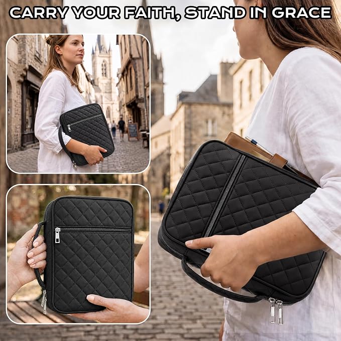XKDOUS Quilted Bible Cover Case with Bible Study Accessories Kit, Waterproof Large Capacity Bible Bag for Women, Portable for Church Study, Multiple Morandi Color Options (Black)