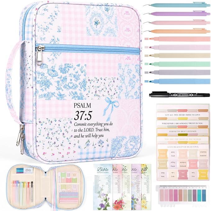 XKDOUS Bible Cover for Women Church Book Holder Canvas Patchwork Carrying Case with Handle, Study Supplies Carrier Portable Bible Bag Journaling Kit Christian Gifts for Mom, Friends