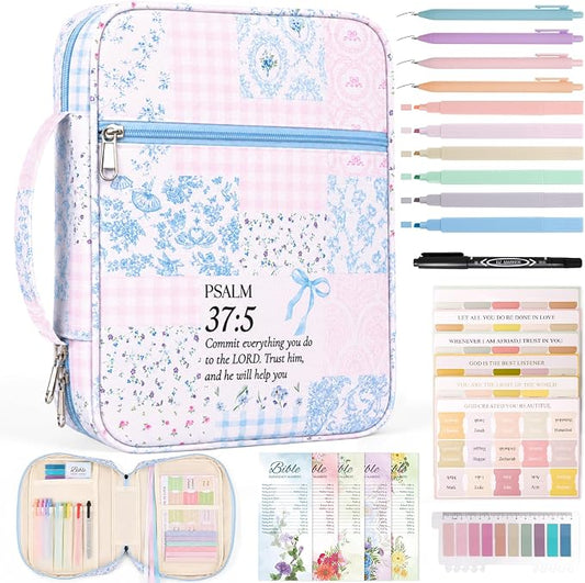 XKDOUS Bible Cover for Women Church Book Holder Canvas Patchwork Carrying Case with Handle, Study Supplies Carrier Portable Bible Bag Journaling Kit Christian Gifts for Mom, Friends