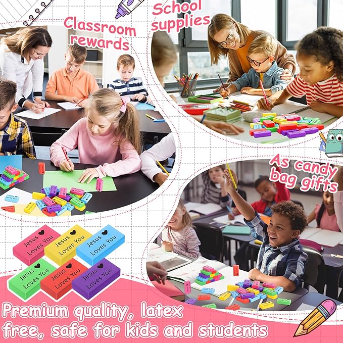 Resurhang 360 Pcs Jesus Loves You Erasers for Kids Colorful Christian Pencil Erasers Bulk, Valentines Religious Party Gifts Favors Bulk for Students Classrooms Drawing Sunday Church Supplies