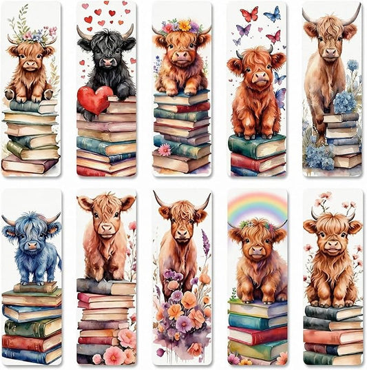 Highland Cow Bookmarks (10 Pack), 6''x2'' Cute Bookmarks Gifts for Graduation Readers & Book Lovers Double-Sided Bookmark for Women Men, Matte Laminated Round Corners Page Markers