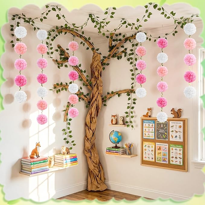 3D Tree for Classroom Room Wall Decor Classroom Tree Bulletin Board Set Artificial Flower Vine Garland DIY Kraft Craft for Spring Flower Plant Party Decoration Supplies