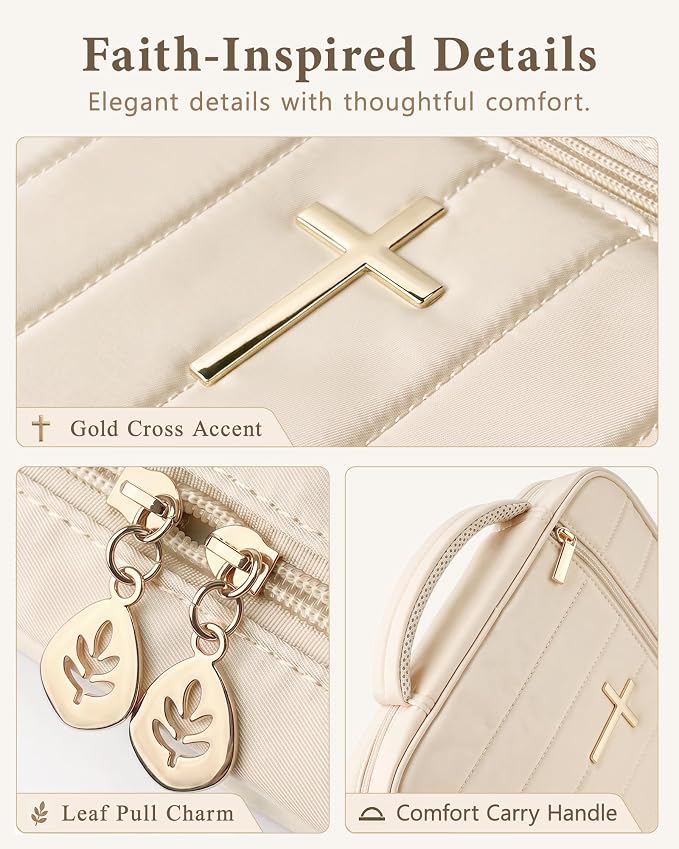 Wuflyover Bible Bag for Women with Study Set, Quilted Bible Cover Case with Handle, Bible Carrying Case for Church, Tabs, Notes, Pens and Highlighters, (Beige+Study Accessories)