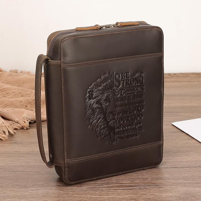 Polare Full Grain Leather Bible Cover Church Bag 10.5x7.75x2.25 inch Carrying Book Case Bible Protective with Handle and YKK Zipper Christian, Religious Gifts for Men Women