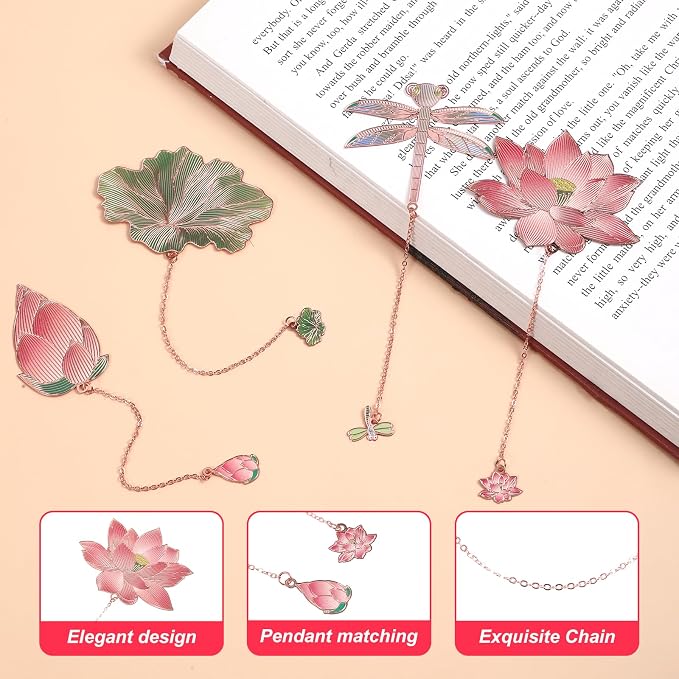 4Pcs Metal Bookmarks with Chain Plant Bookmark Golden Lotus Leaf Birthday Gifts Unique Teacher Christmas Gifts Literary Accessory Appreciation Stuffers for Book Lovers Writers Readers Women Adults