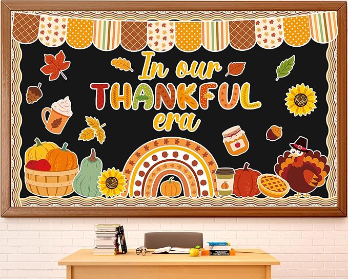 Thanksgiving Turkey Bulletin Board Decorations Pumpkin Maple Leaves Paper Cutouts in Our Thankful Era Bulletin Board Set Fall Party Supplies for Autumn School Chalkboard Wall Window Decoration Favor