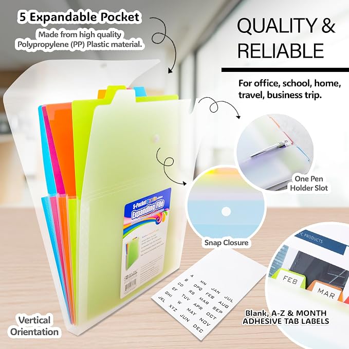 BAZIC Products 5-Pocket Vertical Expanding File, Letter Size, Accordion Poly Body, for School Office Documents
