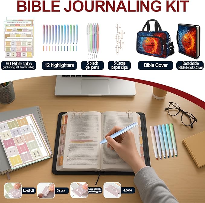 Basketball Bible Cover Case for Boys Kids, Ice Fire Ball Mens Large Bible Bag Book Carrying Case Handle Zipper Pocket, Bible Study Supplies Journaling Kit, Highlighters Tabs Pens Cross Clips