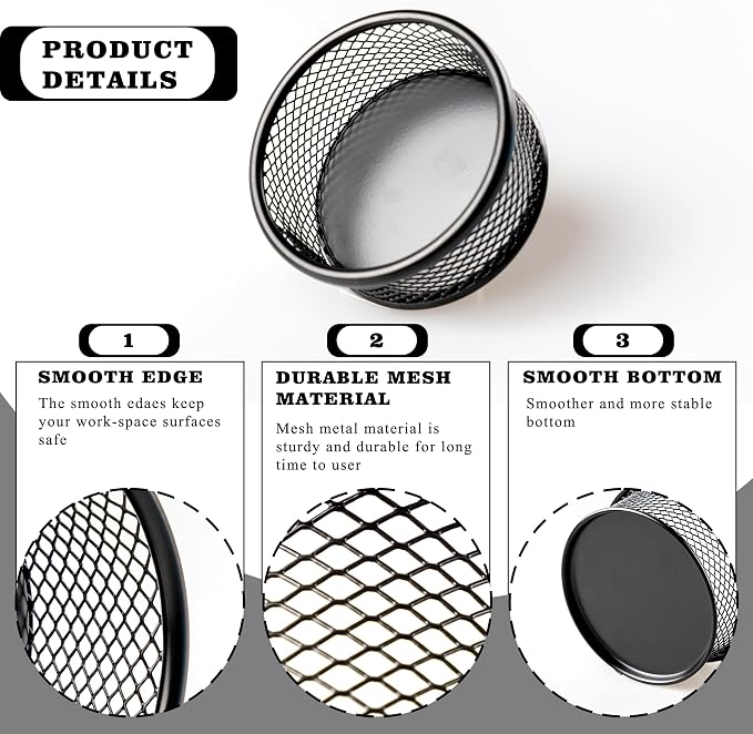 Multi-Purpose Metal Mesh Desk Organizer Bowl – Paper Clip Holder for Office Supplies, Binder Clips, Thumbtacks & Small Parts, Black (3.5” x 1.5”)