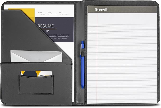 Samsill Contrast Stitch Faux-Leather Padfolio, Business Portfolio for Men and Women, Resume Document Organizer with 8.5 x 11 Inch Writing Pad, Black