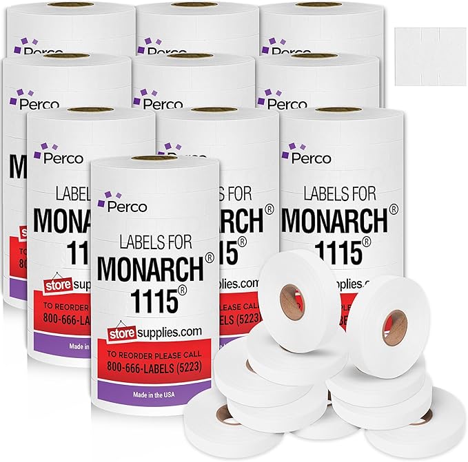 Perco White Pricing Labels for Monarch 1115 Price Gun - 10 Sleeves, 150,000 Pricemarking Labels - with Bonus Ink Rolls