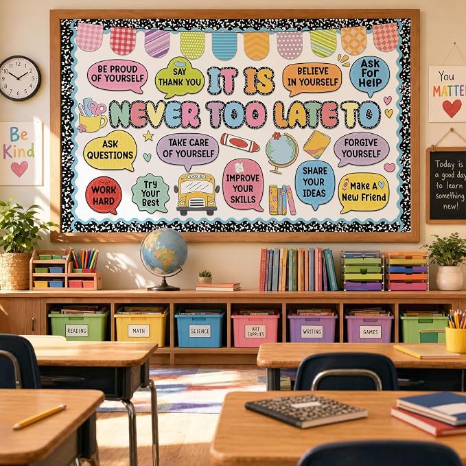Back to School Bulletin Board Set Inspirational Composition Notebook Classroom Decoration It is Never Too Late Bulletin Board Motivational Positive Paper Cutout for First Day of School Home Wall Decor