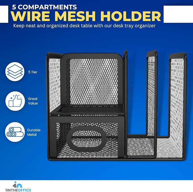 1InTheOffice 5 Compartment Wire Mesh Accessory Holder, Mesh Desk Organizer, Organizer for Desk, Matte Black, 1 Pack