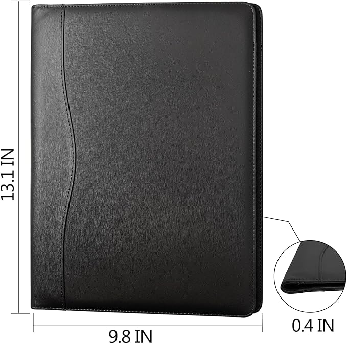 Padfolio Portfolio Binder, Leather Clipboard Folder Briefcase Loose-Leaf Binder with Cover Brown Folder with Pockets Resume Folder for Business Office Meeting Men Women's Business (A4, Black)