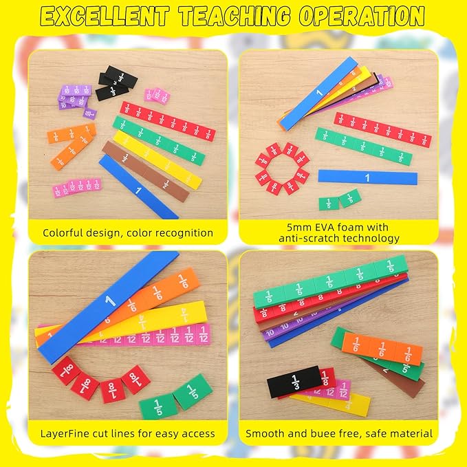 Sayglossy 48 Sets Fraction Tiles Set for Math Classroom Fractions Manipulatives Math Learning Manipulatives for Home School Supplies
