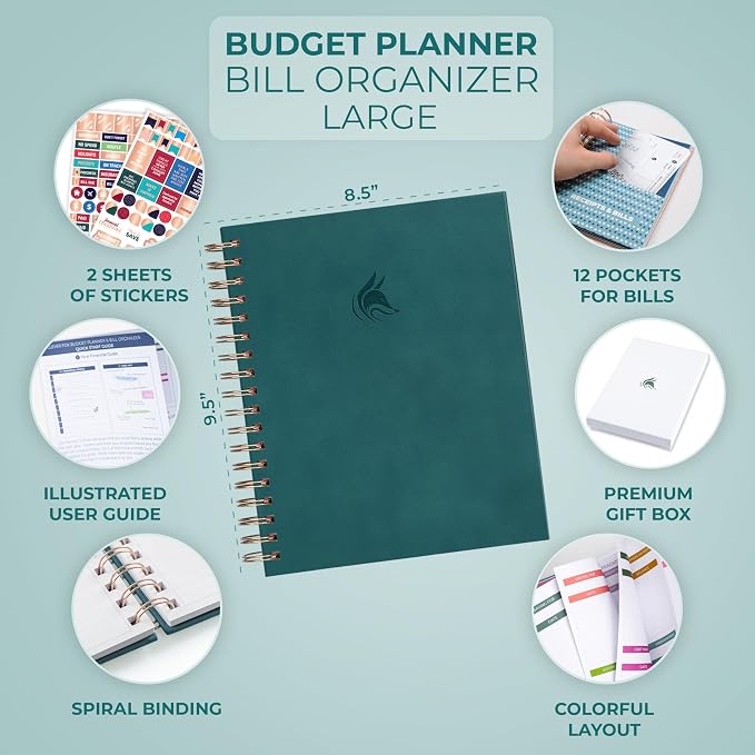 Clever Fox Budget Planner & Monthly Bill Organizer With Pockets. Expense Tracker, Budgeting Journal & Financial Book. Large, 8x9.5" (Dark Teal)