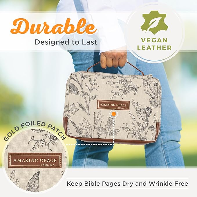 Christian Art Gifts Women's Premium Natural Canvas Vegan Leather Fashion Bible Cover: Amazing Grace - Inspirational Scripture, Sturdy Protective Book Carry Case Accessory, Creamy Brown Floral, Large