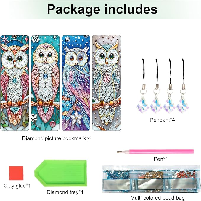 4 Pcs Diamond Painting Bookmarks, Owl DIY 5D Special Shaped Rhinestone Bookmark Kits for Adults, Handmade Diamond Art Bookmark with Tassel Pendant for Reading Gifts