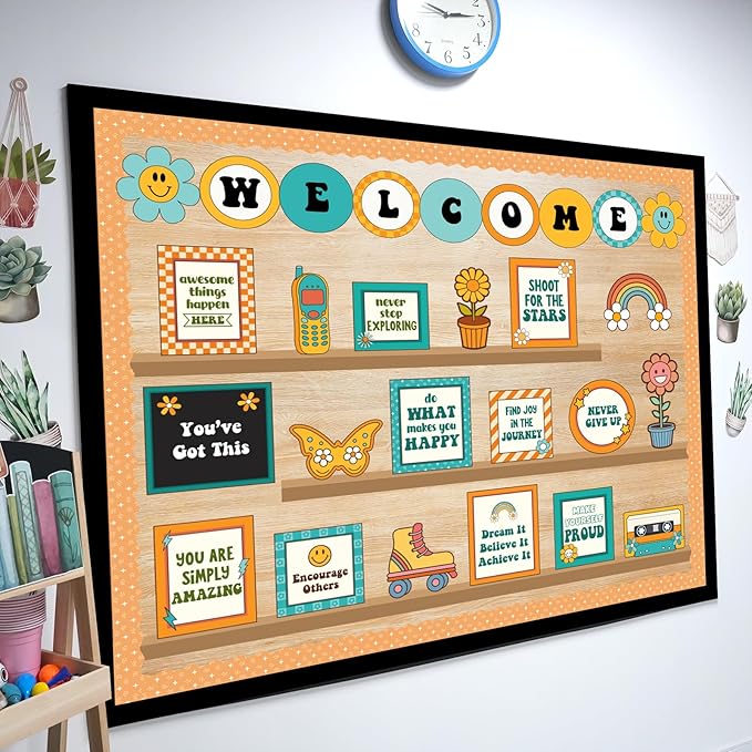 Welcome Back to School Bulletin Board Decorations, Hippie Retro Classroom Decorations Motivational Bookshelf Cutouts Groovy Bulletin Board Set for Classroom School Office Door Wall Decor