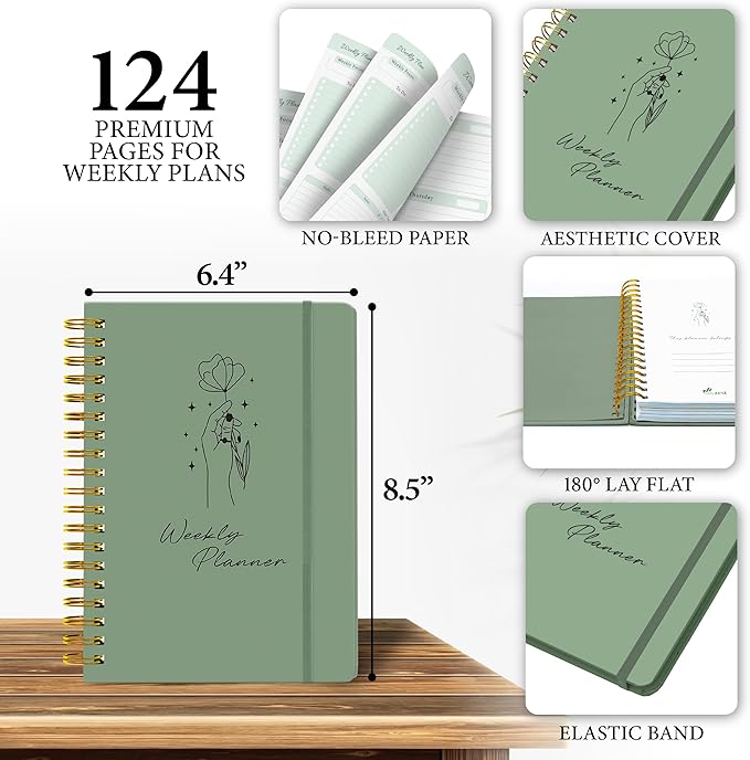 Undated Weekly Planner – Minimalist Weekly Planner Notebook for Work, Home & Daily Writing | Simple Matte Notes for Goals, Appointments & Productivity, Elegant Cardstock Pages, Green