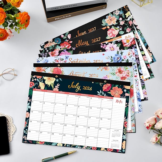 Desk Calendar 2026-2027 - 18 Monthly Desk/Wall Calendar, Jul. 2026 - Dec. 2027, 17" x 12", Thick Paper with Corner Protectors, Large Ruled Blocks - Floral