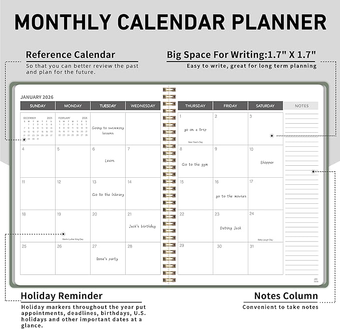 Monthly Planner Jan 2026 - Dec 2027, Calendar Planner for 24 Months, 9×11 Inch, Teacher Monthly, Waterproof PVC Cover, Spiral Bound, Time Management Calendar, Perfect for School & Office (Green)