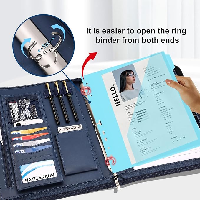 Padfolio Portfolio Binder with Handle, 3-Ring Folder Organizer, Vegan Leather Portfolio with Notepad Includes 5 Dividers with 10 Pockets for Documents Filesfor Documents Files and 1 Pen