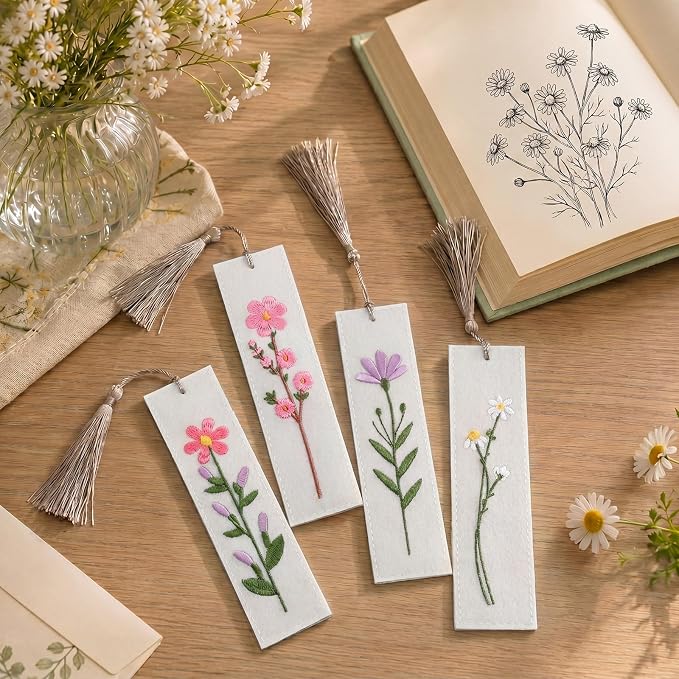 Gersoniel 4 Pack Embroidery Felt Bookmarks Floral Patterns Bookmark with Tassels Handmade Flower Bookmark Cute Book Markers for Reading Adults School Office Book Lovers Gifts (Flower)