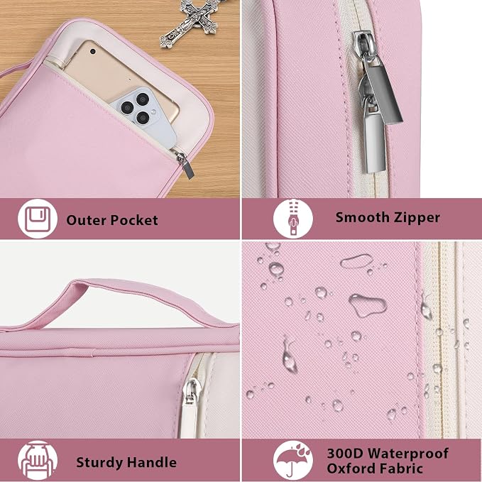 GERMUN Bible Cover with Durable Handle, Carrying Book Case Church Bag Bible, Protective with Zippered Pocket, Bible Accessories Supplies, Book Protector for Book Lovers, WhitePink