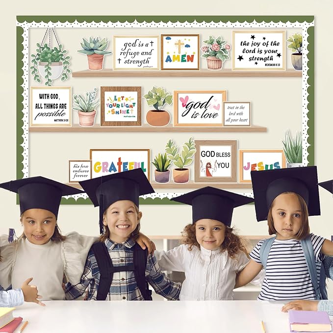 Christian Plant Inspirational Bulletin Board Set Summer Jesus Bible Verse Bulletin Board Sunday Back to School Potted Motivational Cutouts Greenery Religious for Classroom Chalkboard Wall Door Decor
