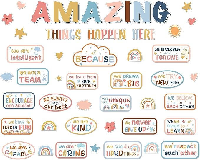 Boho Welcome Back to School Bulletin Board Classroom Decoration Boho Pastel Amazing Things Happen Here Bulletin Board Affirmation Station Positive Encouraging Paper Cutouts for School Class Wall Decor