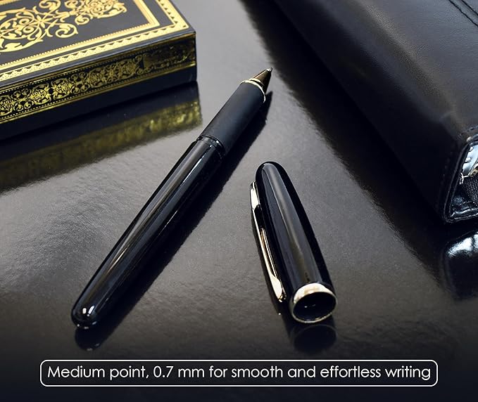 Better Office Products Executive Rollerball Gel Ink Pen Set in Gift Box, Black Gloss Classic Business Pen with Removable Cap, Gold Accents, Includes 2 Black 0.7mm Medium Point Cartridges