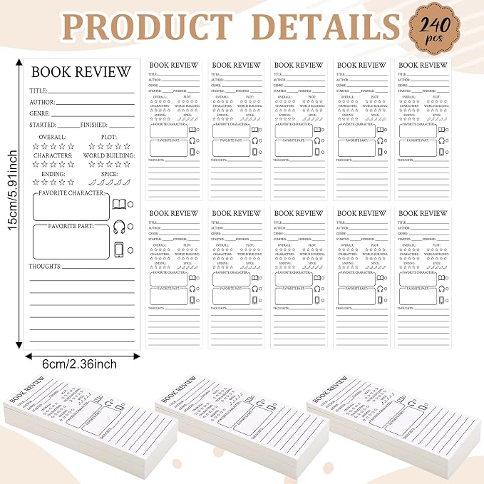 240 Pcs Back to School Teacher Gifts Colorful Book Review Bookmarks Bookclub Gifts Reading Page Cards for Book Lovers Women Students First Day of School Party Supplies(Simple,White)