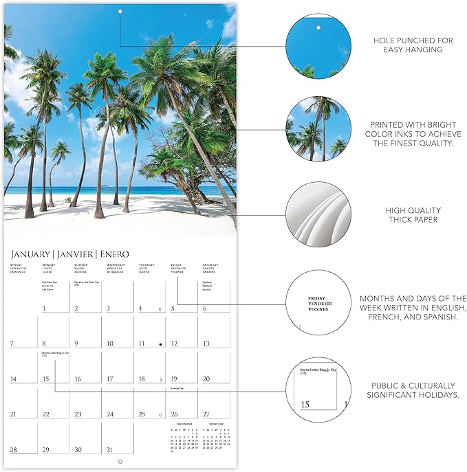 Graphique 2024 Island Paradise Wall Calendar | 12” x 12” | Thick Paper | Home & Office Organizer | Large Monthly Grid | 3 Languages & Marked Holidays | 4 Month Preview Page for 2025