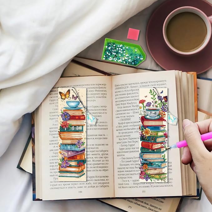 5 Pieces Acrylic Books Diamond Painting Bookmark with Tassels, Coffee Special-Shaped Small Diamond Art Book Marks for Adult, Flower Bookmark Paint with Diamonds for Book Lover