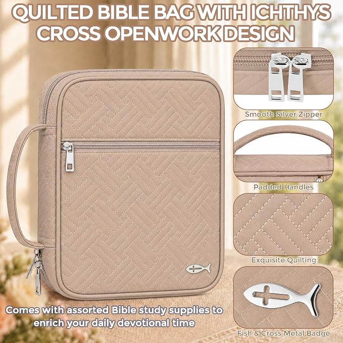 XKDOUS Bible Cover Case for Women, Large Bible Cover with Durable Handle, Washable Quilted Bible Case, Bible Study Supplies & Christian Gifts for Mom, Women, Men (Khaki)