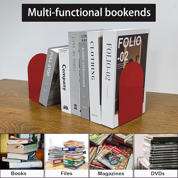 MerryNine Metal Book Ends, 2 Pack Red Bookends for Shelves, Book Holder for Heavy Books, Book End for Kids Books, Decoration Bookend for Home Office (2, Red)