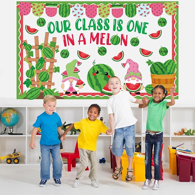 gisgfim Summer Watermelon Bulletin Board Decorations Set Our Class is One in a Melon Classroom Paper Cutouts Welcome Back to School Melon Gnome Bulletin Board Decor for Summer Door Chalkboard Wall