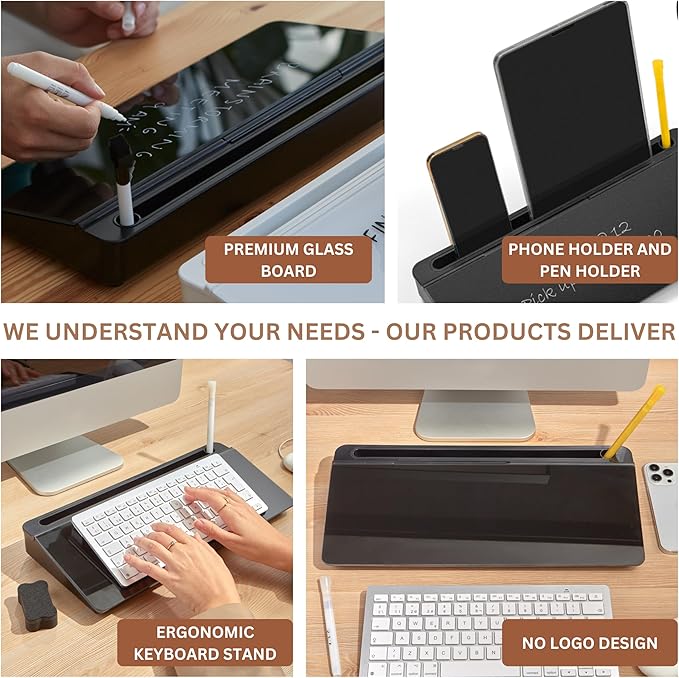 GAROOD Desktop Dry Erase Board with Storage Black Color Dry Erase Board Desk Board Glass Desktop Board with Stand Home Office Desk Organizer Phone Holder 15.8X7X2 inches