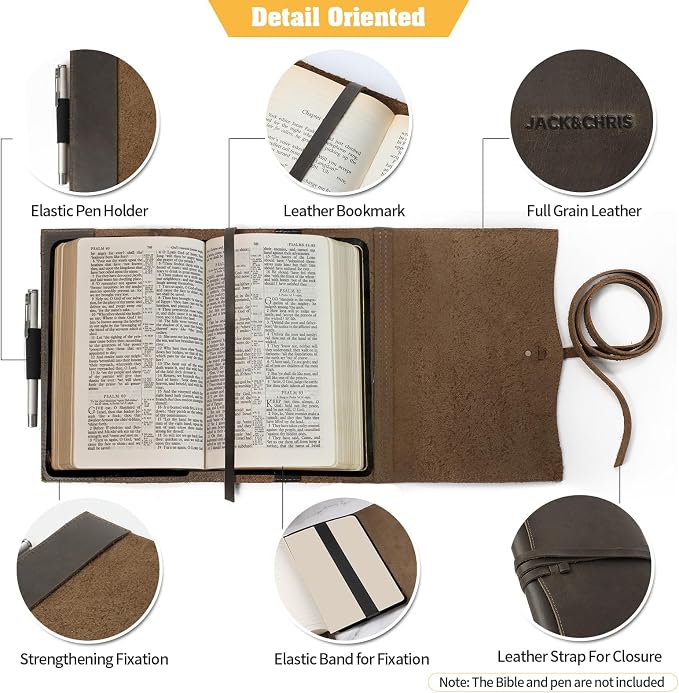 Jack&Chris Leather Bible Cover, Leather Book Cover for Men and Women, Bible Holder Strap Bible Cover Gifts, Coffee Medium