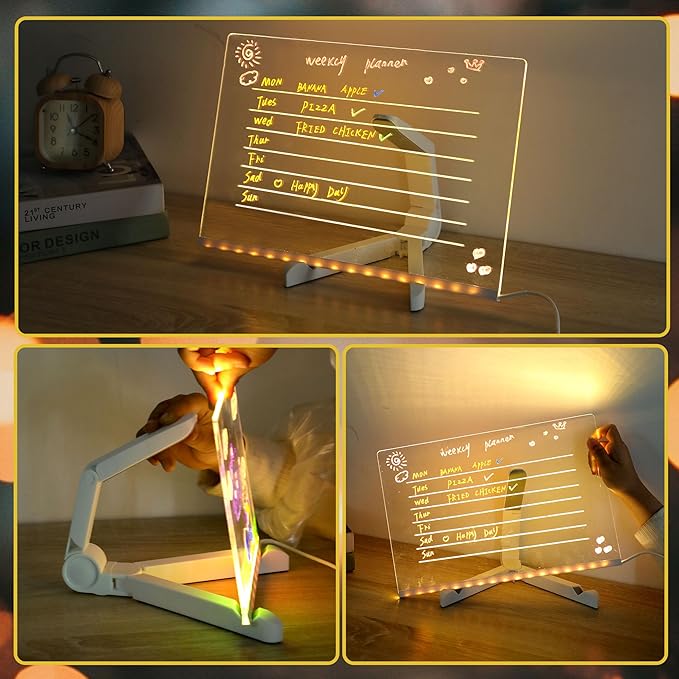 LED Note Board with Colors, Acrylic Dry Erase Board with Light, Magical Light Board, Light Up White Board with 7 Color Pen and Adjustable Stand, for Office School Home, Gift for Kids(12"x8")