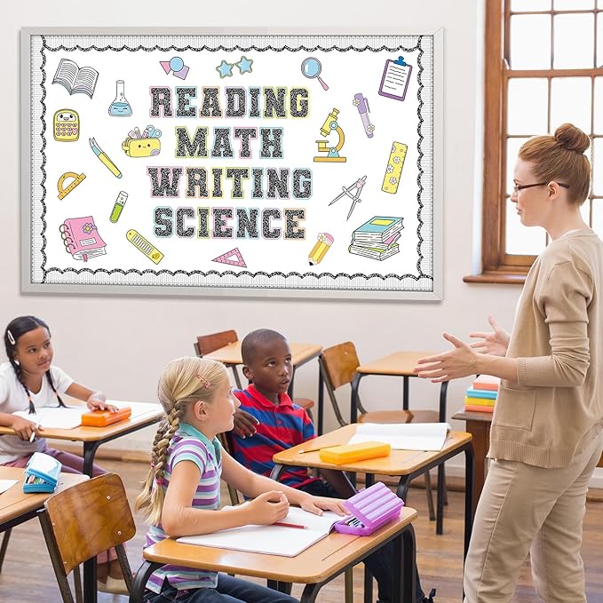 Core Subjects Bulletin Board Set Composition Notebooks Classroom Decoration Reading Math Writing and Science Bulletin Board Core Subjects Pattern Signs Cutouts for Back to School Chalkboard Wall Decor