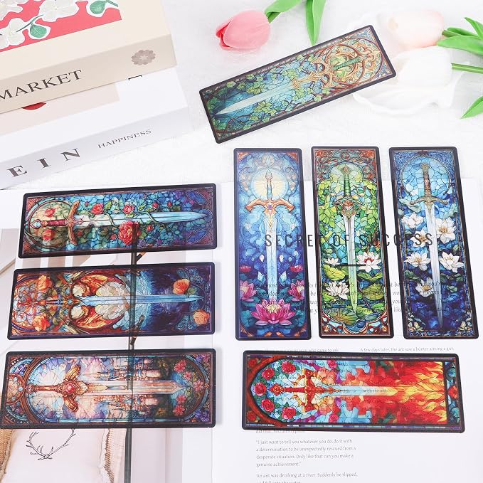 Sword Stained Glass Transparent Bookmark - Wxiben 10 Pcs Cool Sword Transparent PVC Bookmark Fantastic Floral Book Mark Page Clips Gifts for Women Men Book Lovers Teacher Student Bookish Readers